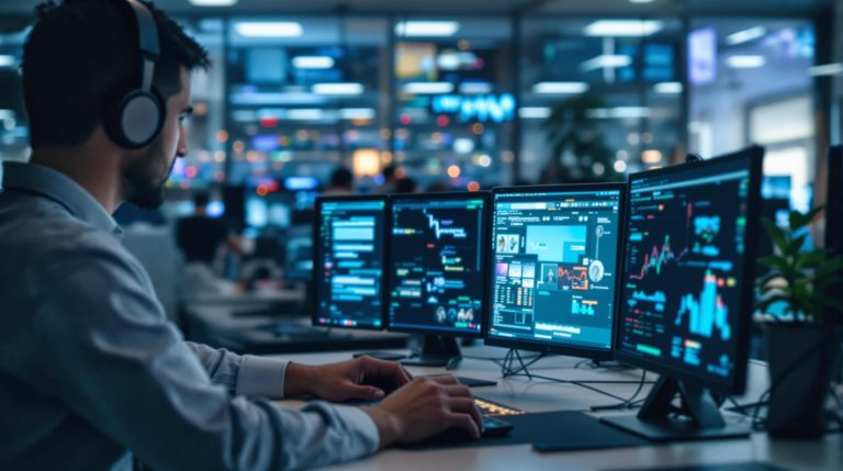 IT professional working across multiple screens