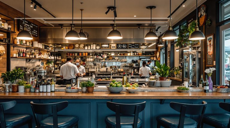 Restaurant counter with staff preparing food