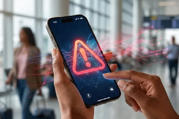Phone showing a roaming charges warning at an airport